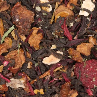 Forest Fruit: biologische Pu-Erh theemelange met shu pu-erh thee, appel, hibiscus, sinaasappelschil, bramenblad, frambozen, aardbeien, stevia en natuurlijk fruitaroma