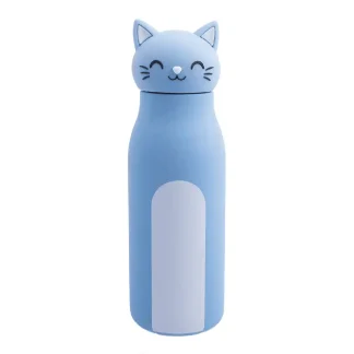 Dotz Mia dubbelwandige RVS kinderdrinkfles van 350 ml met lieve poes en zacht siliconen rietje. Handig voor school en onderweg.